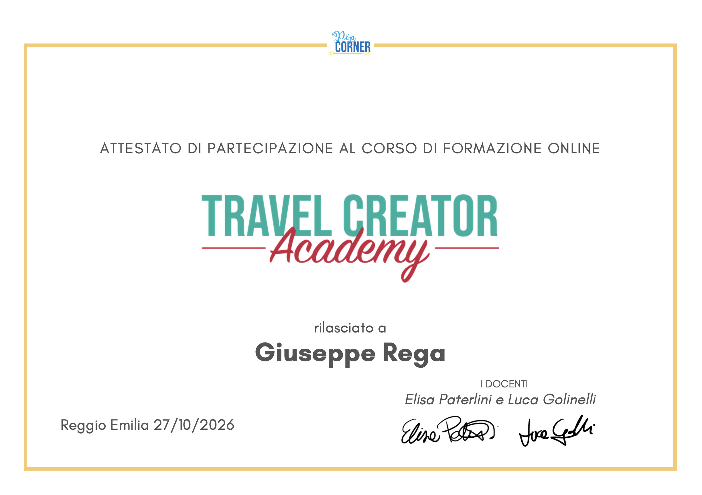 Attestato: Travel Creator Academy